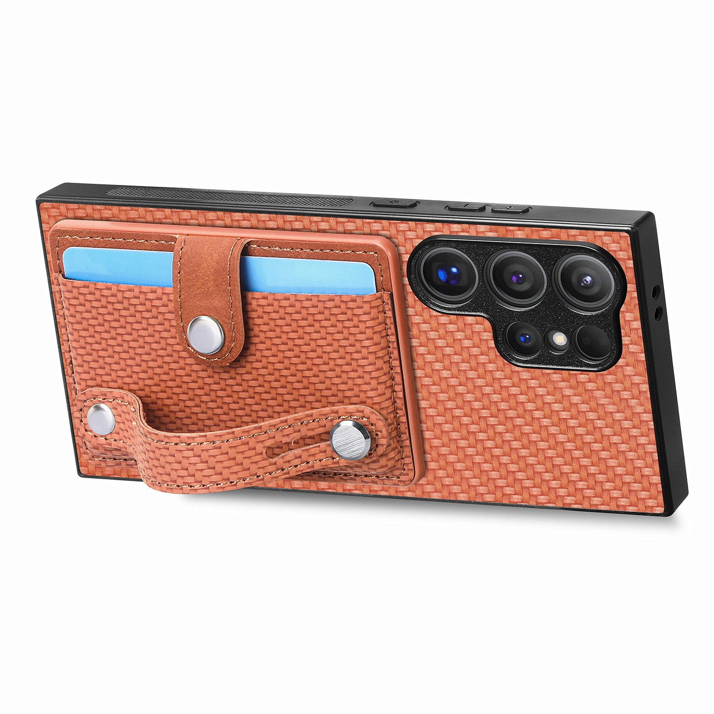 For Samsung Galaxy S24 Ultra Leather Back Case with Card Slots Wristband Kickstand - Brown