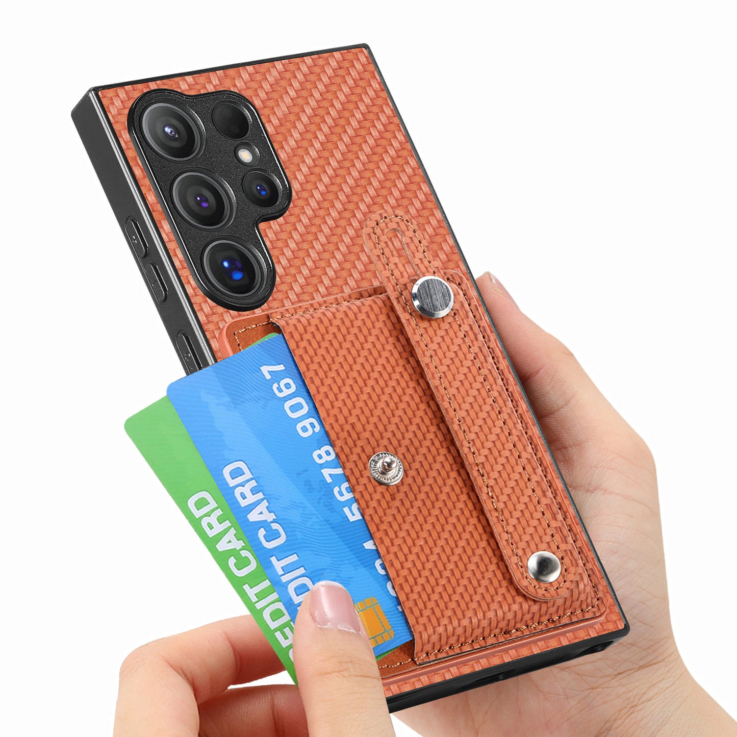 For Samsung Galaxy S24 Ultra Leather Back Case with Card Slots Wristband Kickstand - Brown