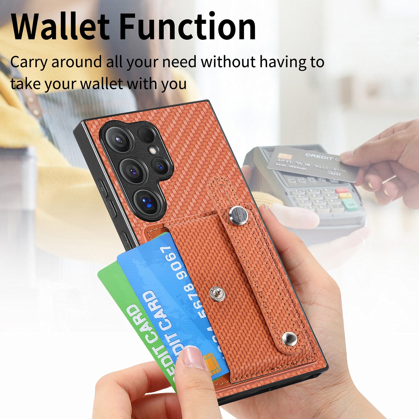 For Samsung Galaxy S24 Ultra Leather Back Case with Card Slots Wristband Kickstand - Brown