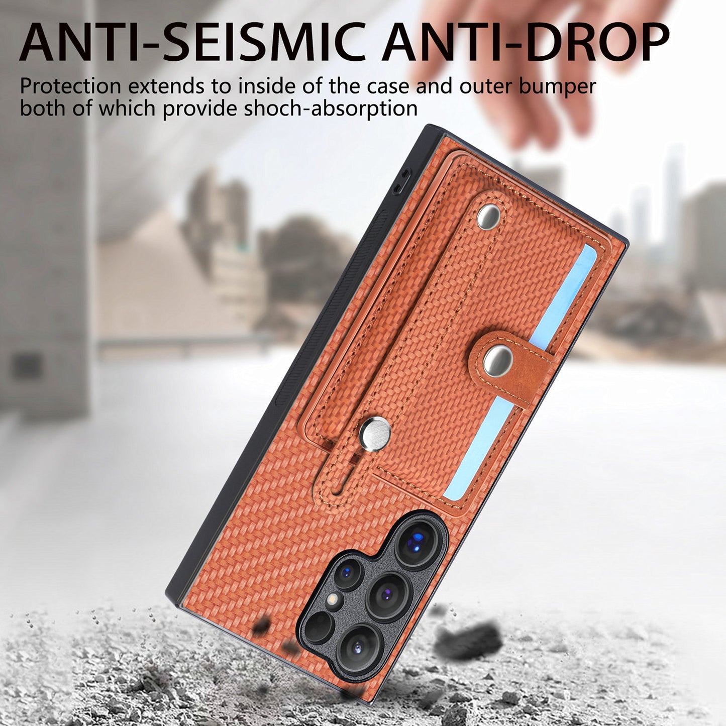 For Samsung Galaxy S24 Ultra Leather Back Case with Card Slots Wristband Kickstand - Brown