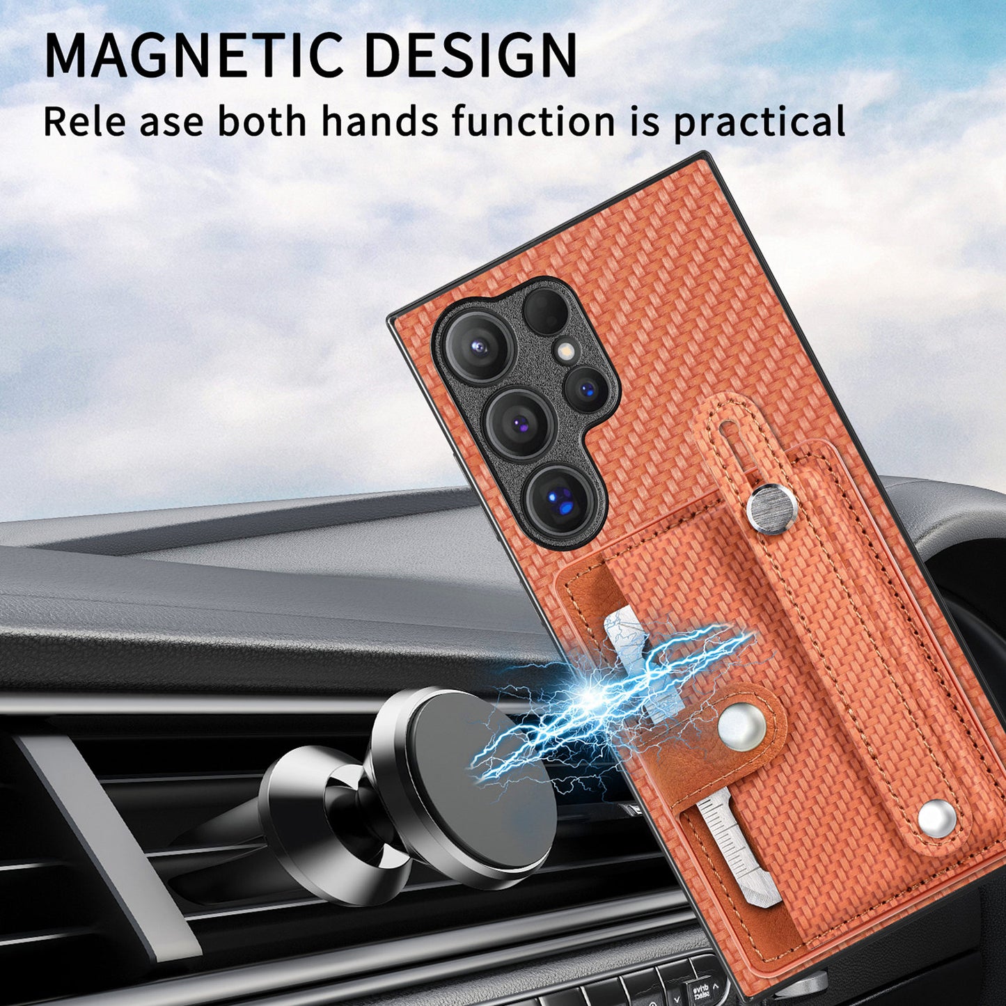 For Samsung Galaxy S24 Ultra Leather Back Case with Card Slots Wristband Kickstand - Brown