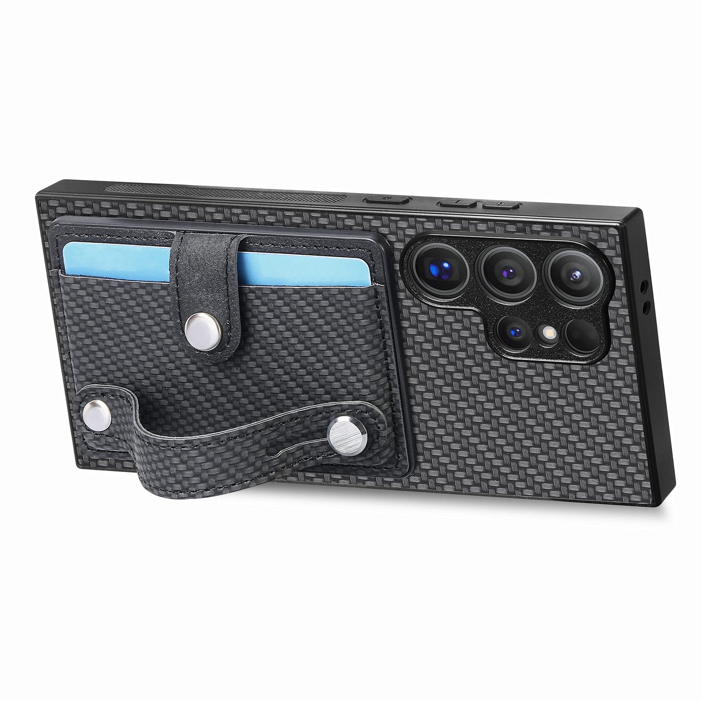 For Samsung Galaxy S24 Ultra Leather Back Case with Card Slots Wristband Kickstand - Black