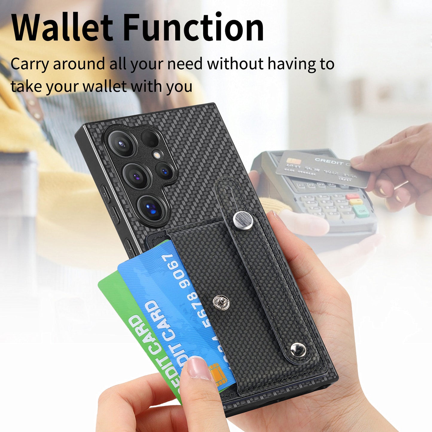 For Samsung Galaxy S24 Ultra Leather Back Case with Card Slots Wristband Kickstand - Black