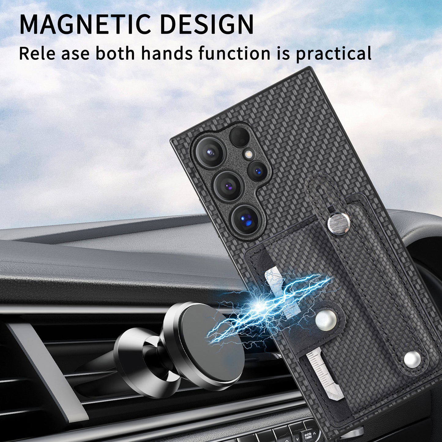 For Samsung Galaxy S24 Ultra Leather Back Case with Card Slots Wristband Kickstand - Black