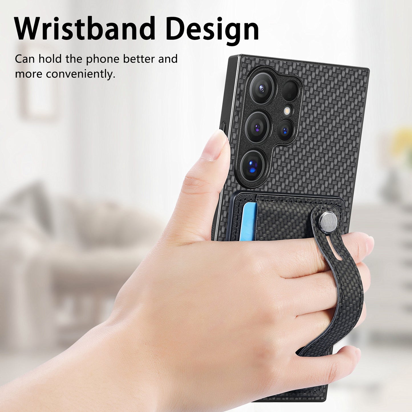 For Samsung Galaxy S24 Ultra Leather Back Case with Card Slots Wristband Kickstand - Black