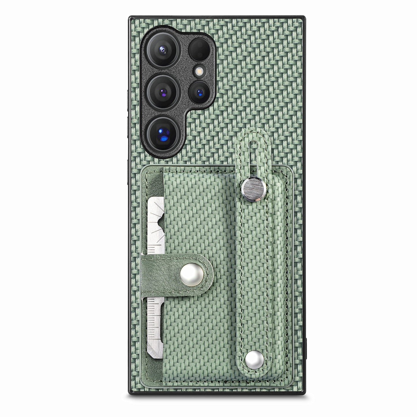 For Samsung Galaxy S24 Ultra Leather Back Case with Card Slots Wristband Kickstand - Green