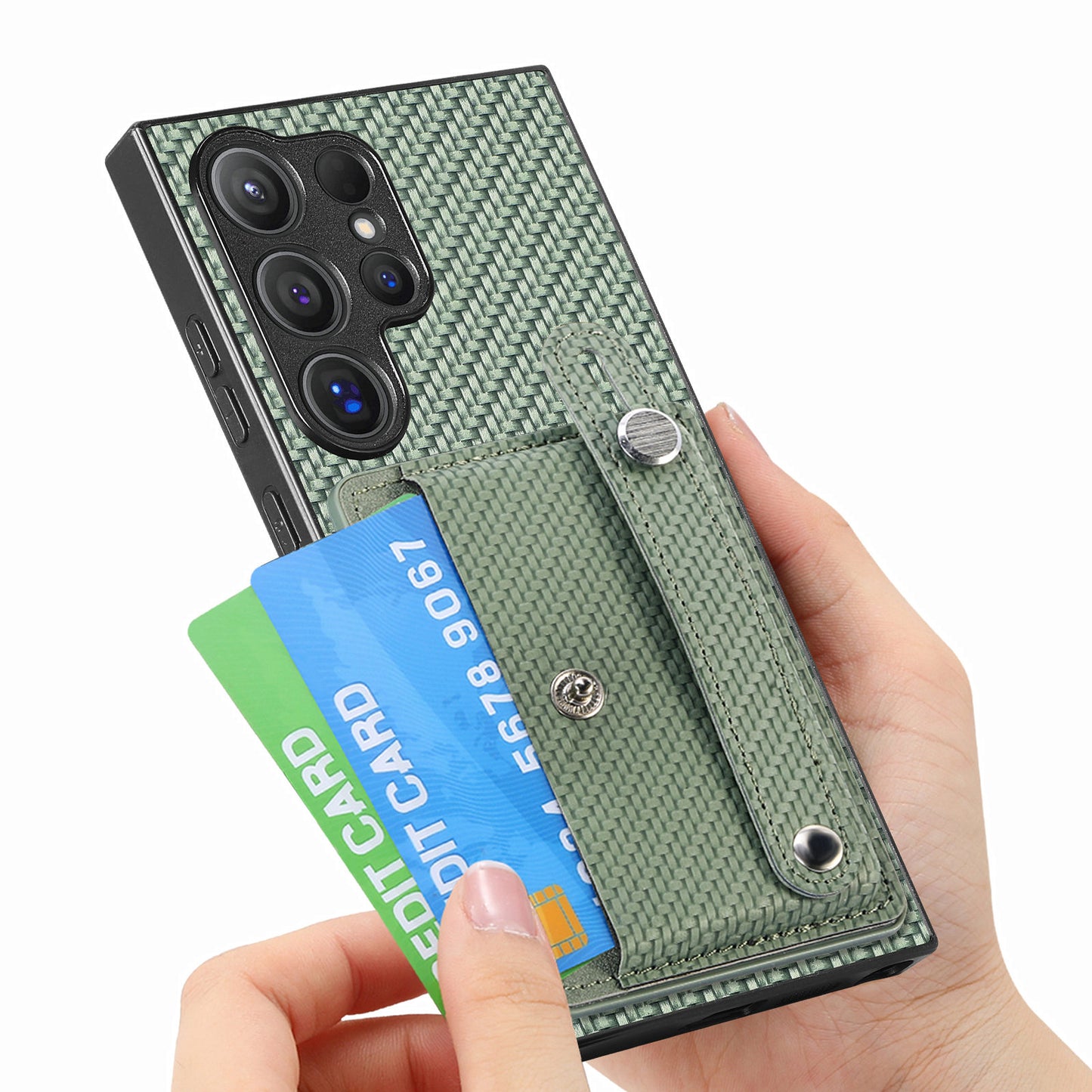 For Samsung Galaxy S24 Ultra Leather Back Case with Card Slots Wristband Kickstand - Green