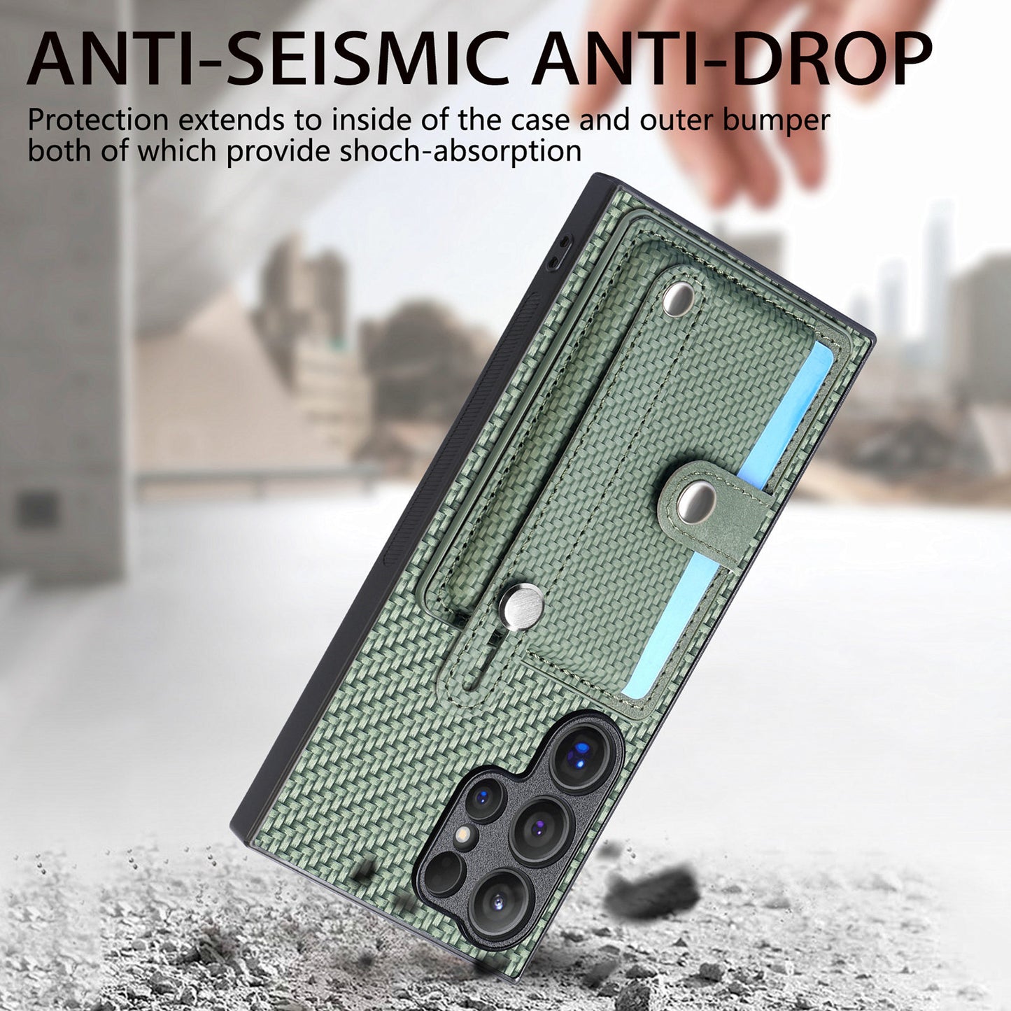 For Samsung Galaxy S24 Ultra Leather Back Case with Card Slots Wristband Kickstand - Green