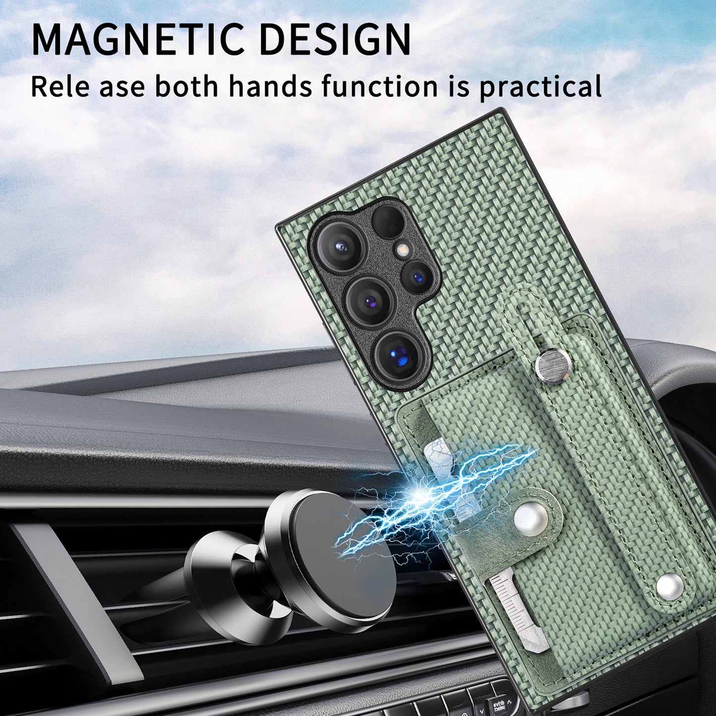 For Samsung Galaxy S24 Ultra Leather Back Case with Card Slots Wristband Kickstand - Green