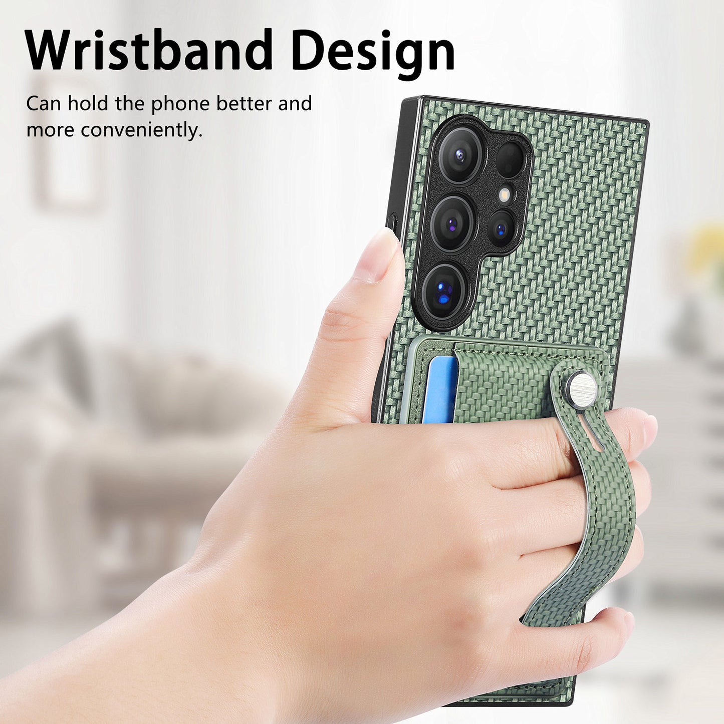 For Samsung Galaxy S24 Ultra Leather Back Case with Card Slots Wristband Kickstand - Green