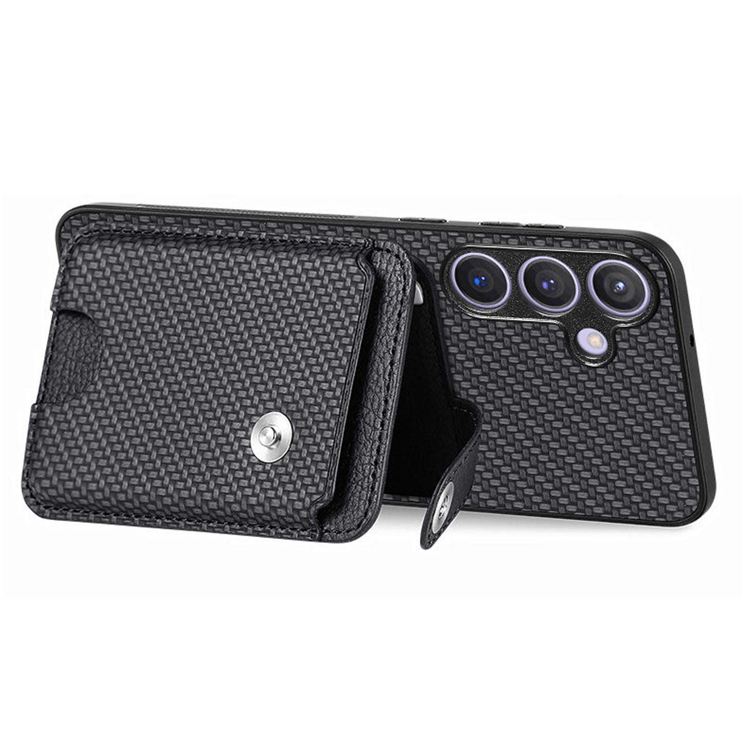 For Samsung Galaxy S24+ Case Carbon Tiber Texture Back Cover with Card Bag Multi-functional Tool - Black