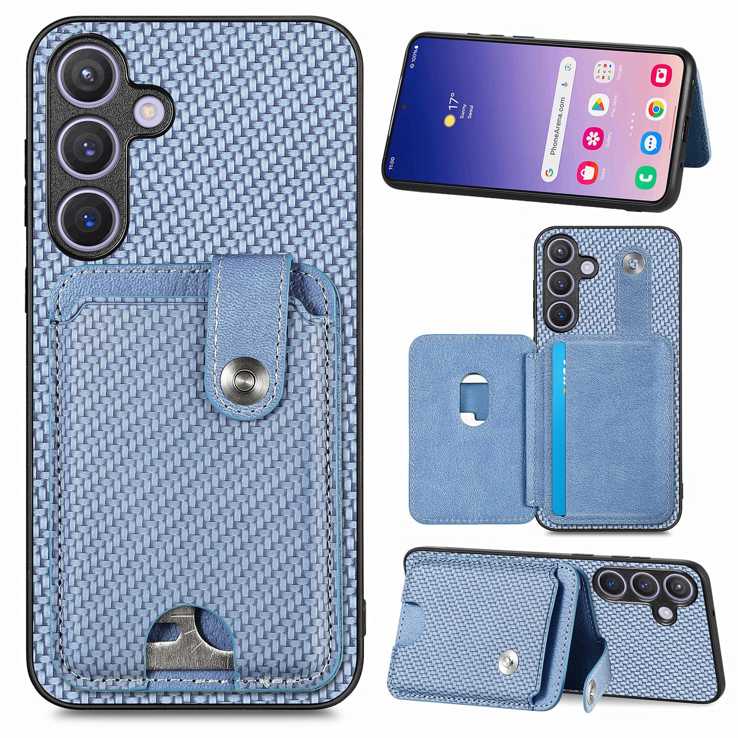 For Samsung Galaxy S24+ Case Carbon Tiber Texture Back Cover with Card Bag Multi-functional Tool - Blue