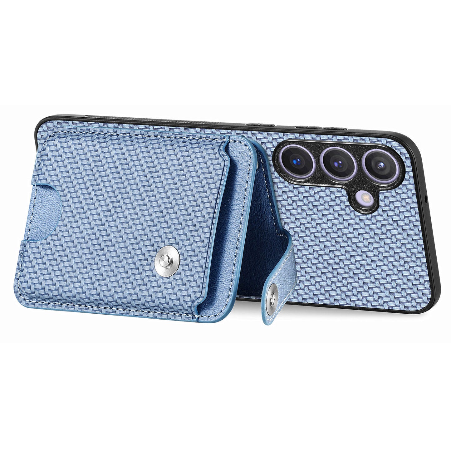 For Samsung Galaxy S24+ Case Carbon Tiber Texture Back Cover with Card Bag Multi-functional Tool - Blue