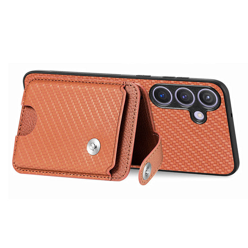 For Samsung Galaxy S24+ Case Carbon Tiber Texture Back Cover with Card Bag Multi-functional Tool - Brown