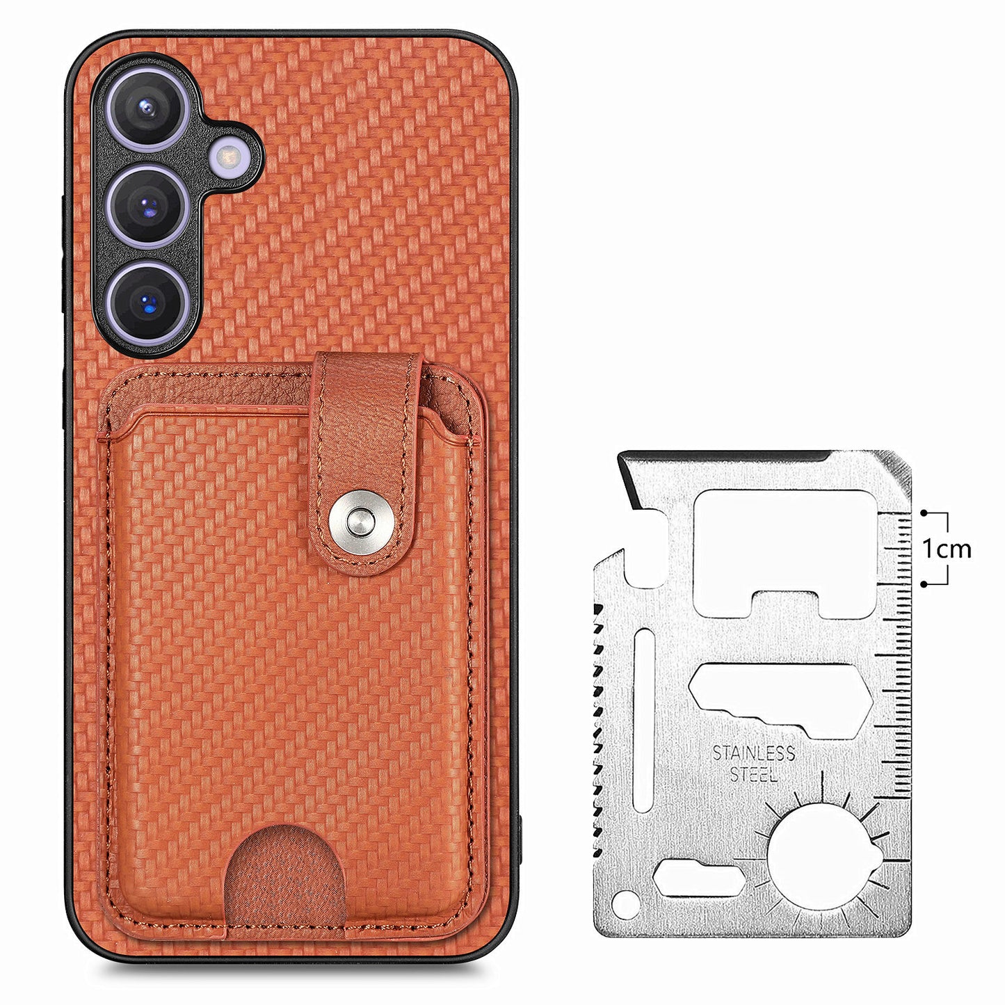For Samsung Galaxy S24+ Case Carbon Tiber Texture Back Cover with Card Bag Multi-functional Tool - Brown