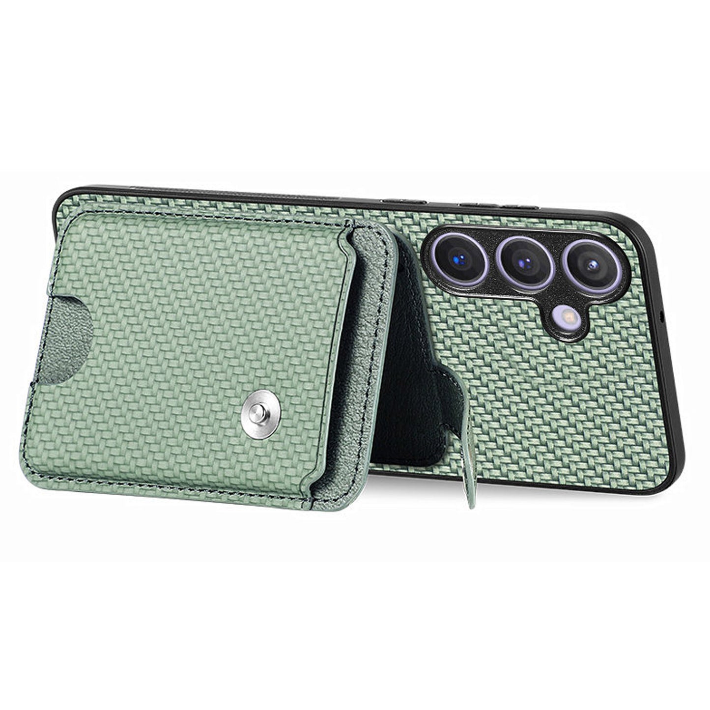 For Samsung Galaxy S24+ Case Carbon Tiber Texture Back Cover with Card Bag Multi-functional Tool - Green