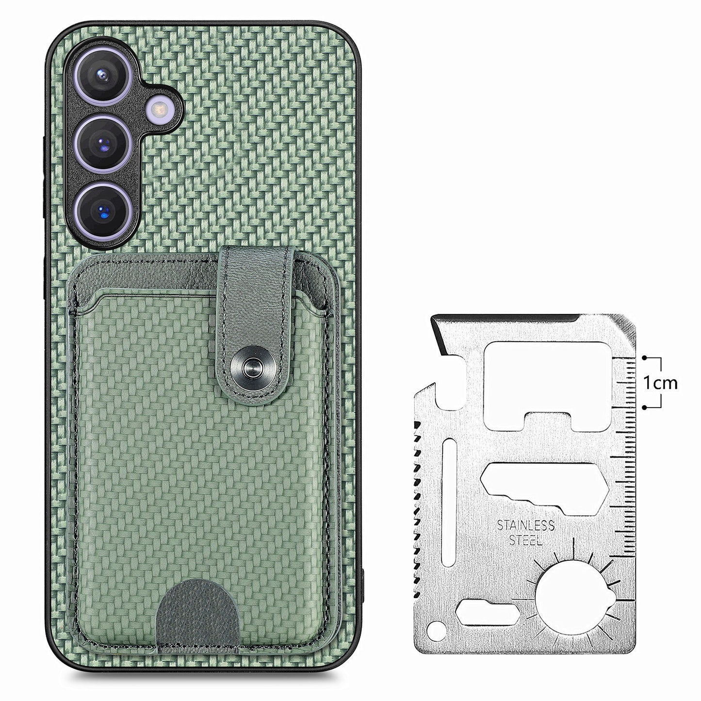 For Samsung Galaxy S24+ Case Carbon Tiber Texture Back Cover with Card Bag Multi-functional Tool - Green