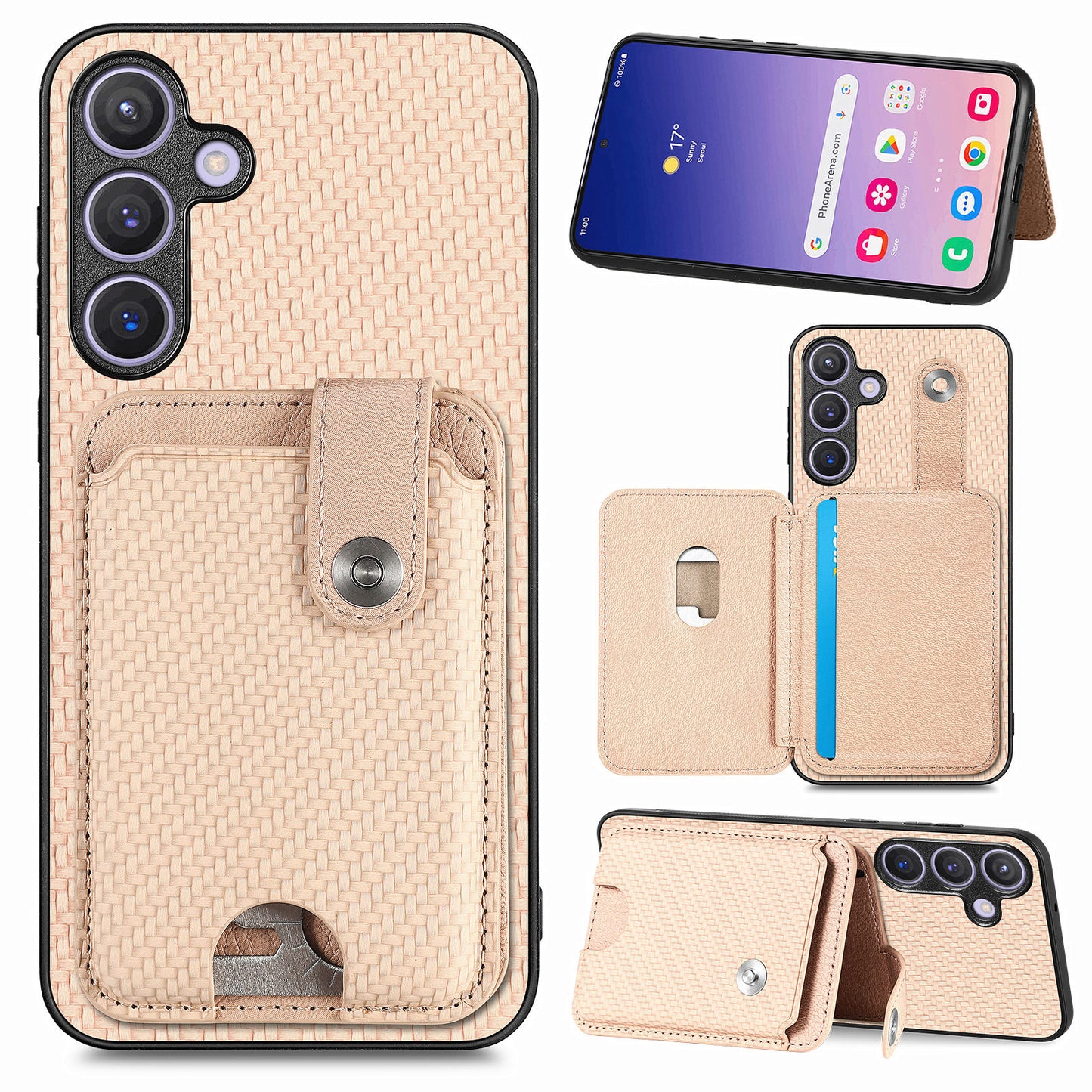 For Samsung Galaxy S24+ Case Carbon Tiber Texture Back Cover with Card Bag Multi-functional Tool - Khaki