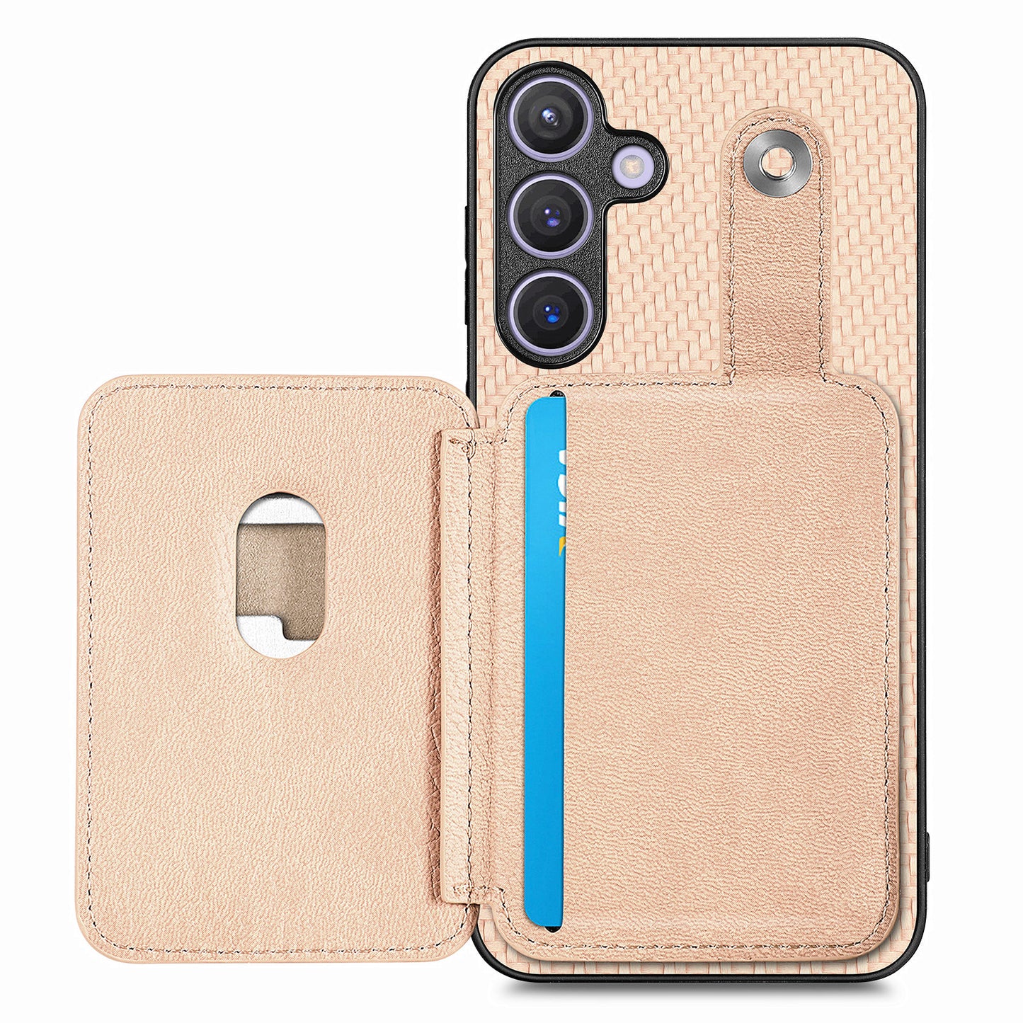 For Samsung Galaxy S24+ Case Carbon Tiber Texture Back Cover with Card Bag Multi-functional Tool - Khaki