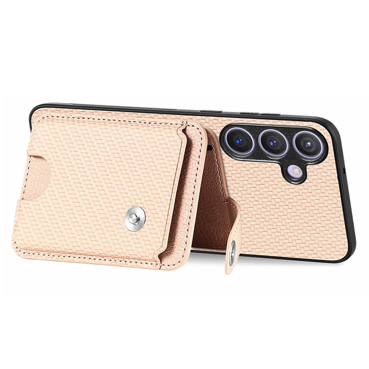 For Samsung Galaxy S24+ Case Carbon Tiber Texture Back Cover with Card Bag Multi-functional Tool - Khaki