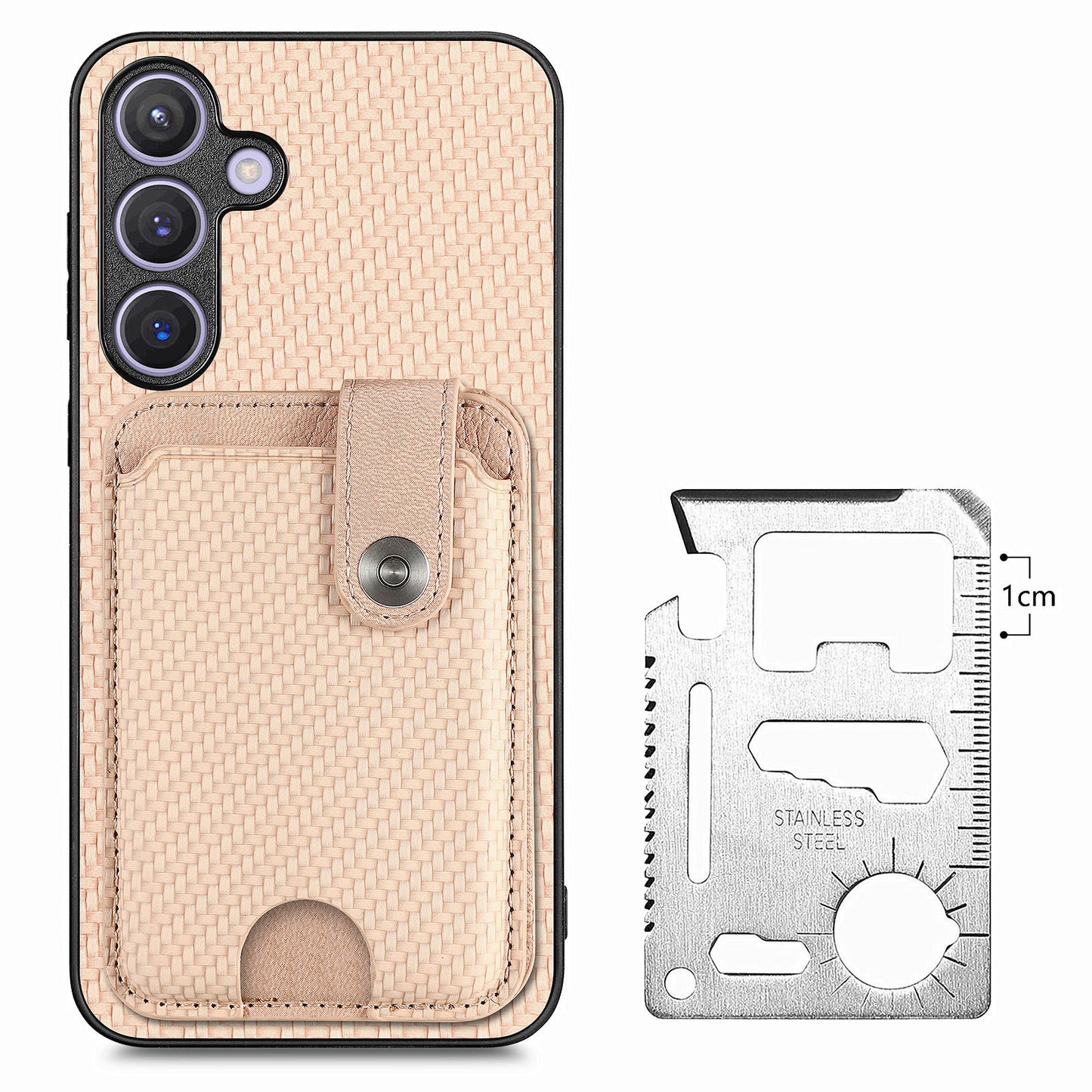 For Samsung Galaxy S24+ Case Carbon Tiber Texture Back Cover with Card Bag Multi-functional Tool - Khaki