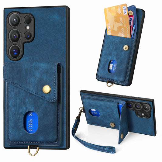 D1 For Samsung Galaxy S24 Ultra Phone Case with Card Holder Kickstand - Blue