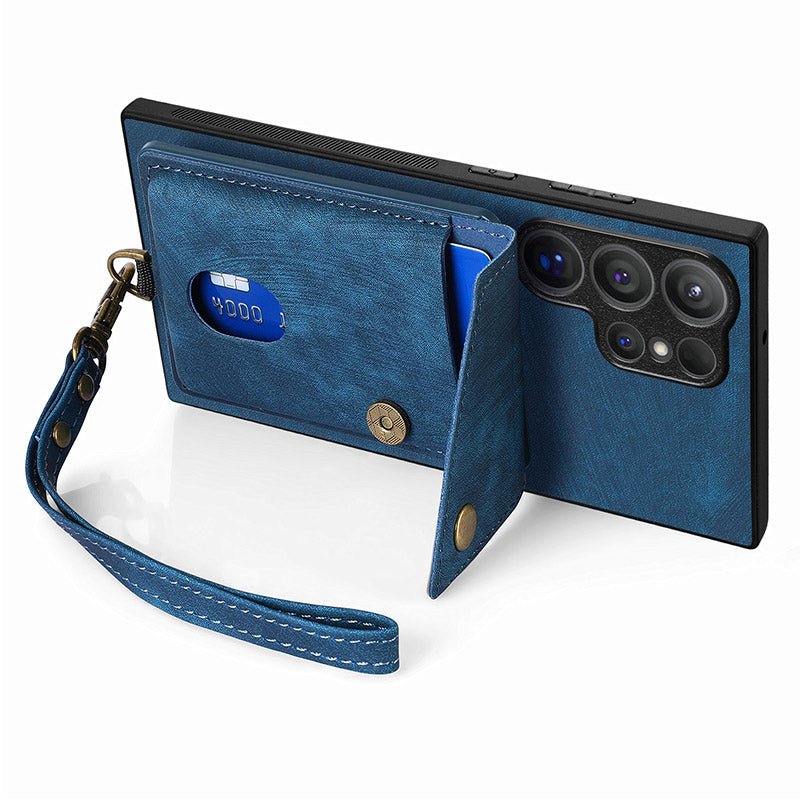 D1 For Samsung Galaxy S24 Ultra Phone Case with Card Holder Kickstand - Blue