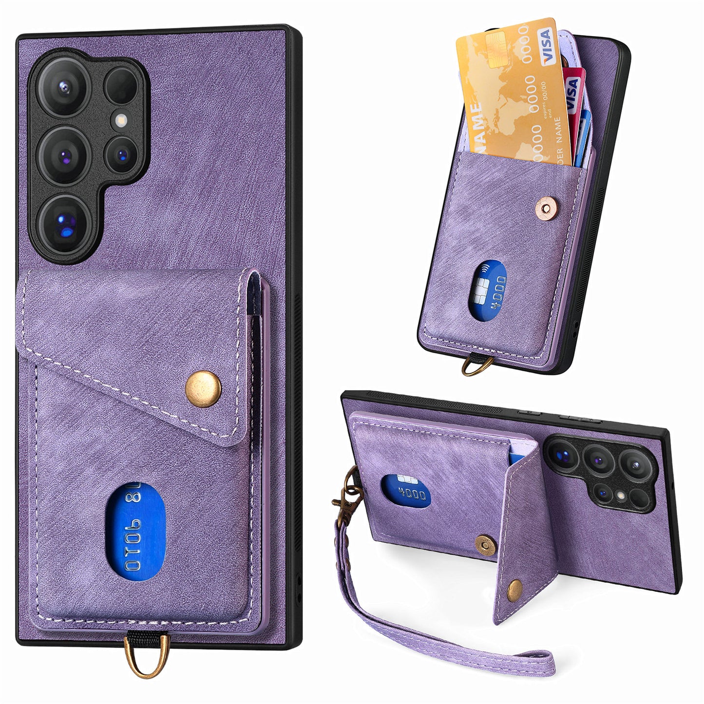 D1 For Samsung Galaxy S24 Ultra Phone Case with Card Holder Kickstand - Purple
