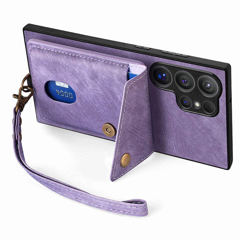 D1 For Samsung Galaxy S24 Ultra Phone Case with Card Holder Kickstand - Purple