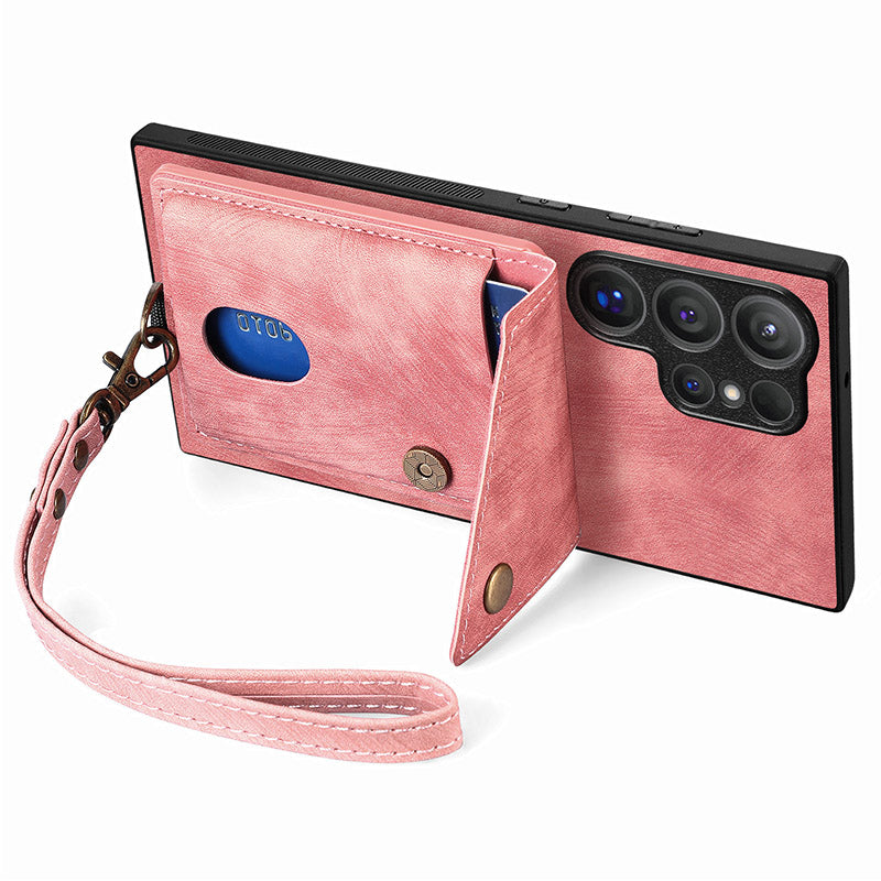 D1 For Samsung Galaxy S24 Ultra Phone Case with Card Holder Kickstand - Pink