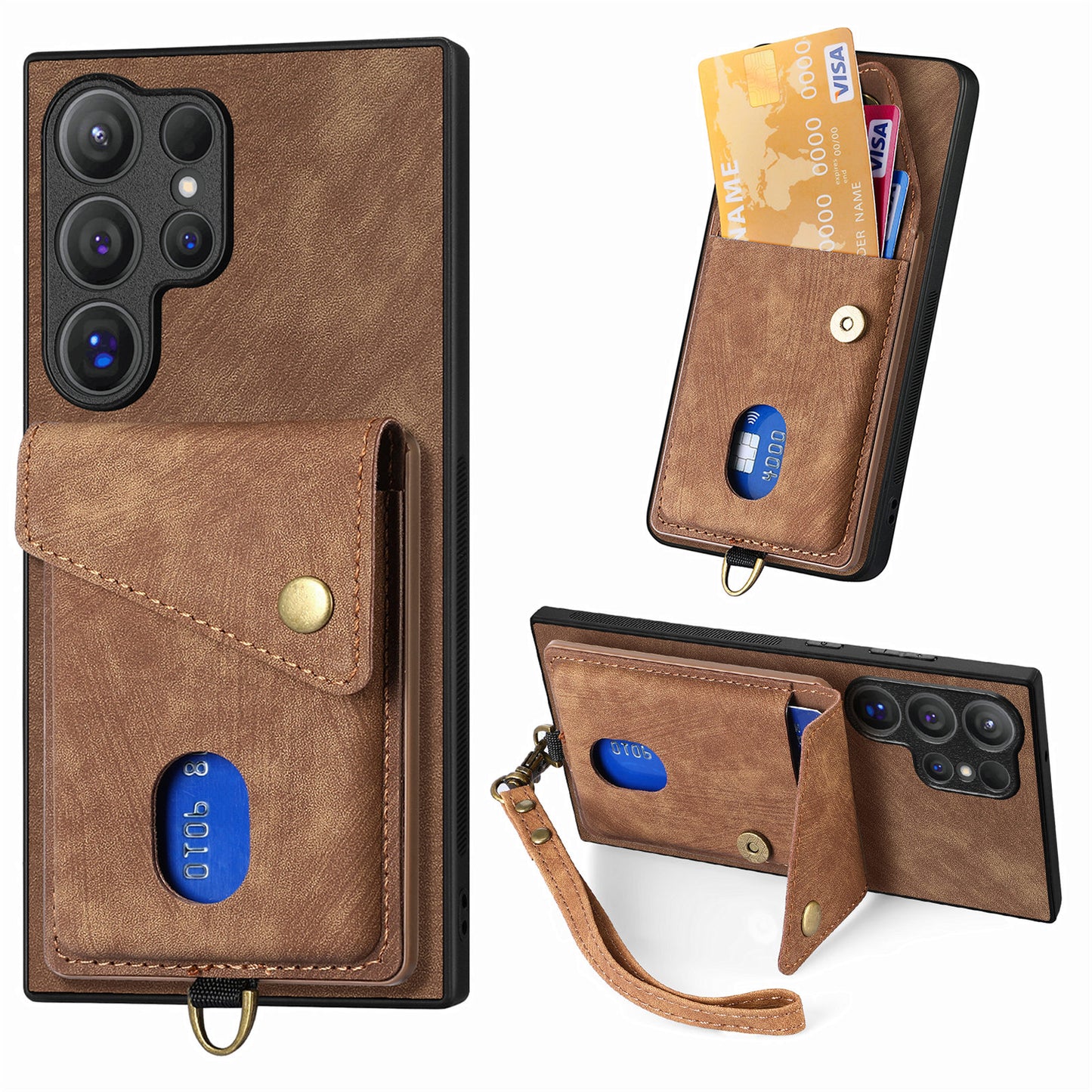 D1 For Samsung Galaxy S24 Ultra Phone Case with Card Holder Kickstand - Brown