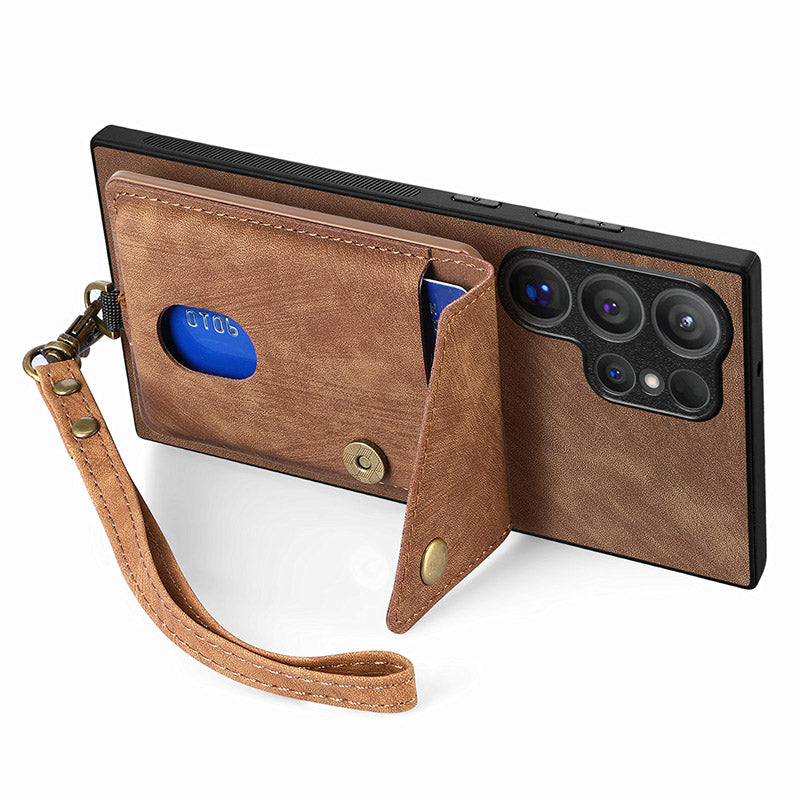 D1 For Samsung Galaxy S24 Ultra Phone Case with Card Holder Kickstand - Brown