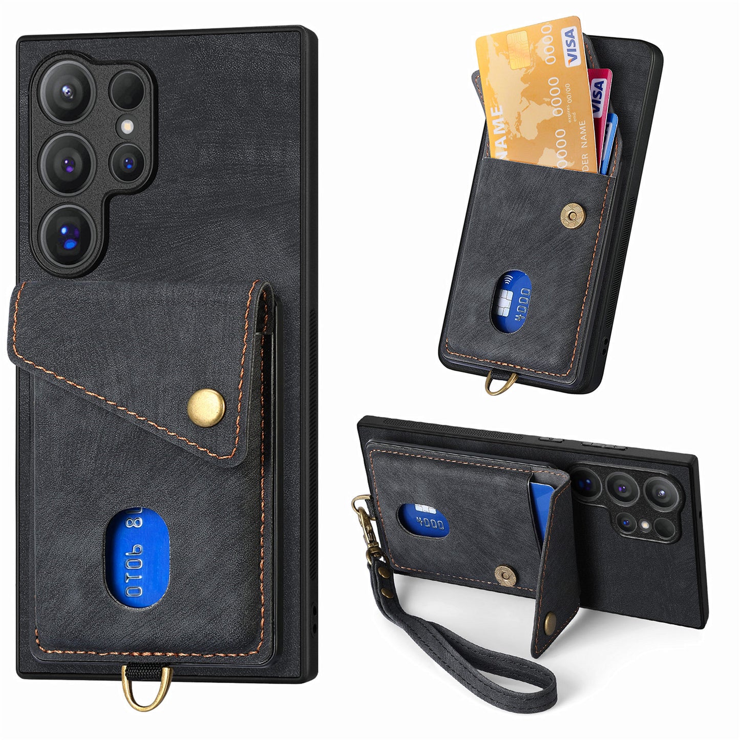 D1 For Samsung Galaxy S24 Ultra Phone Case with Card Holder Kickstand - Black