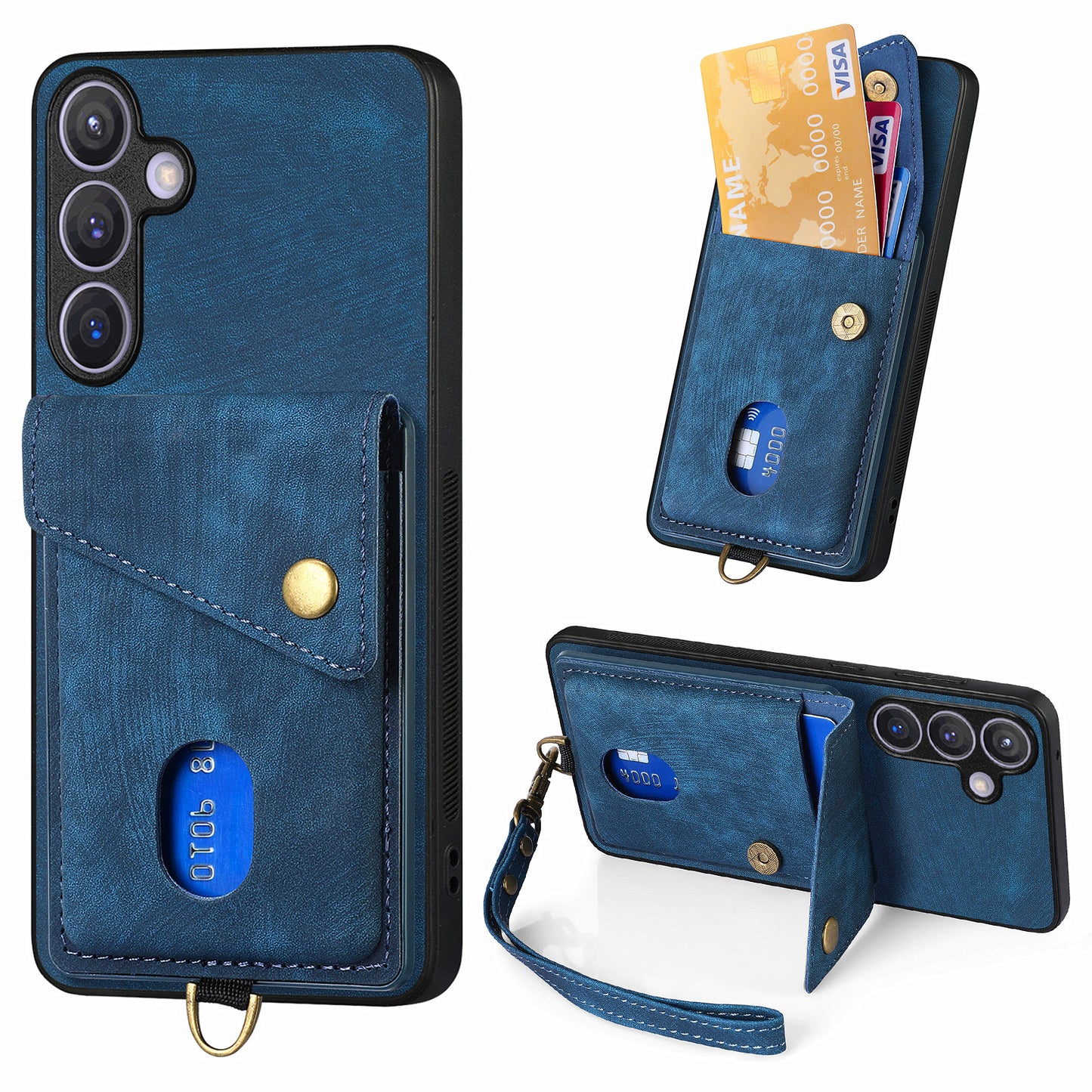 D1 For Samsung Galaxy S24+ Kickstand Case Card Holder Retro Leather Back Cover - Blue