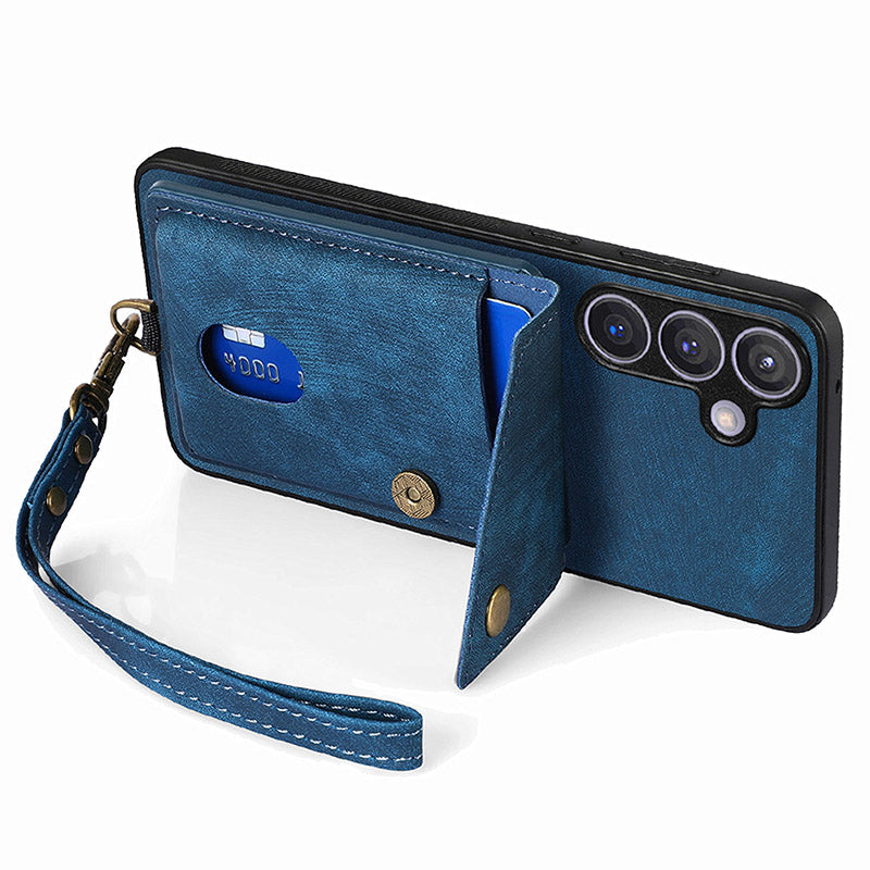D1 For Samsung Galaxy S24+ Kickstand Case Card Holder Retro Leather Back Cover - Blue