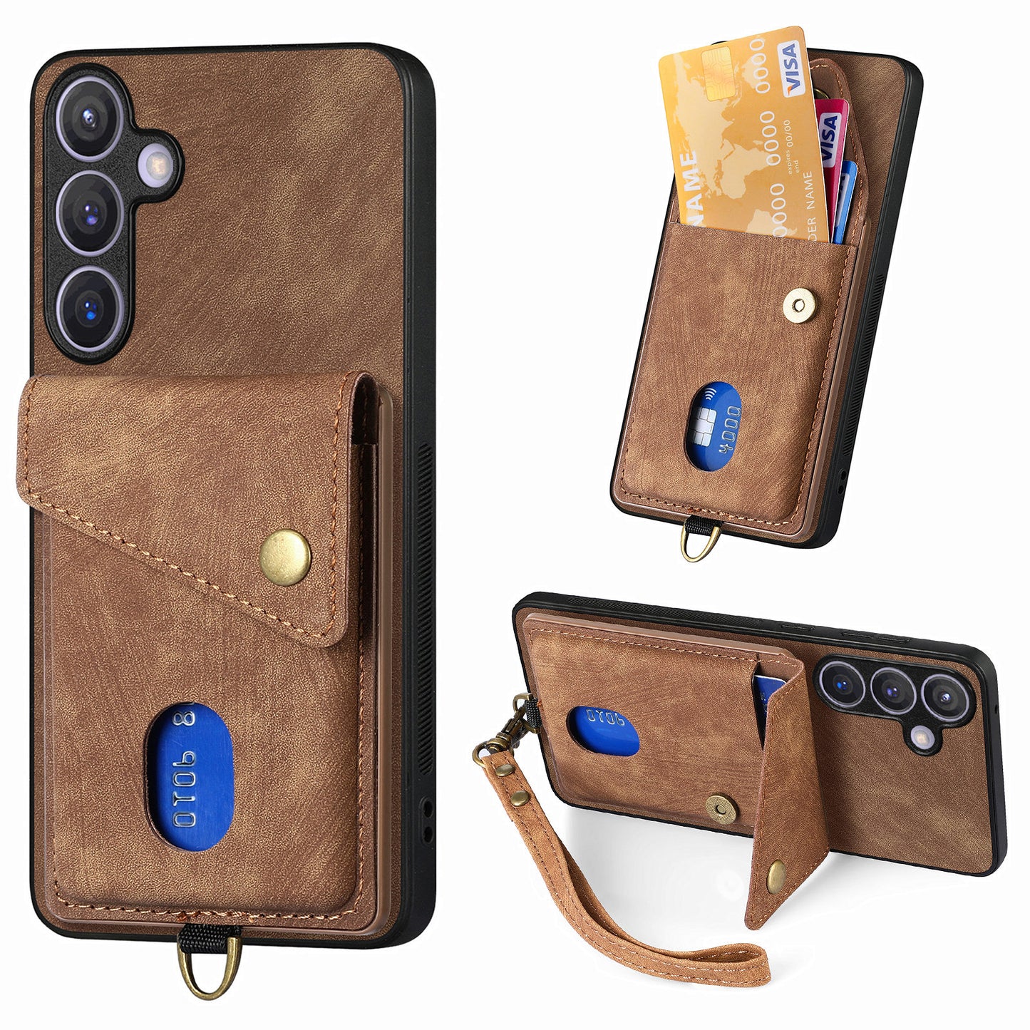 D1 For Samsung Galaxy S24+ Kickstand Case Card Holder Retro Leather Back Cover - Brown