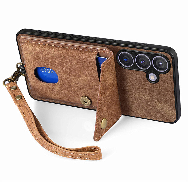 D1 For Samsung Galaxy S24+ Kickstand Case Card Holder Retro Leather Back Cover - Brown