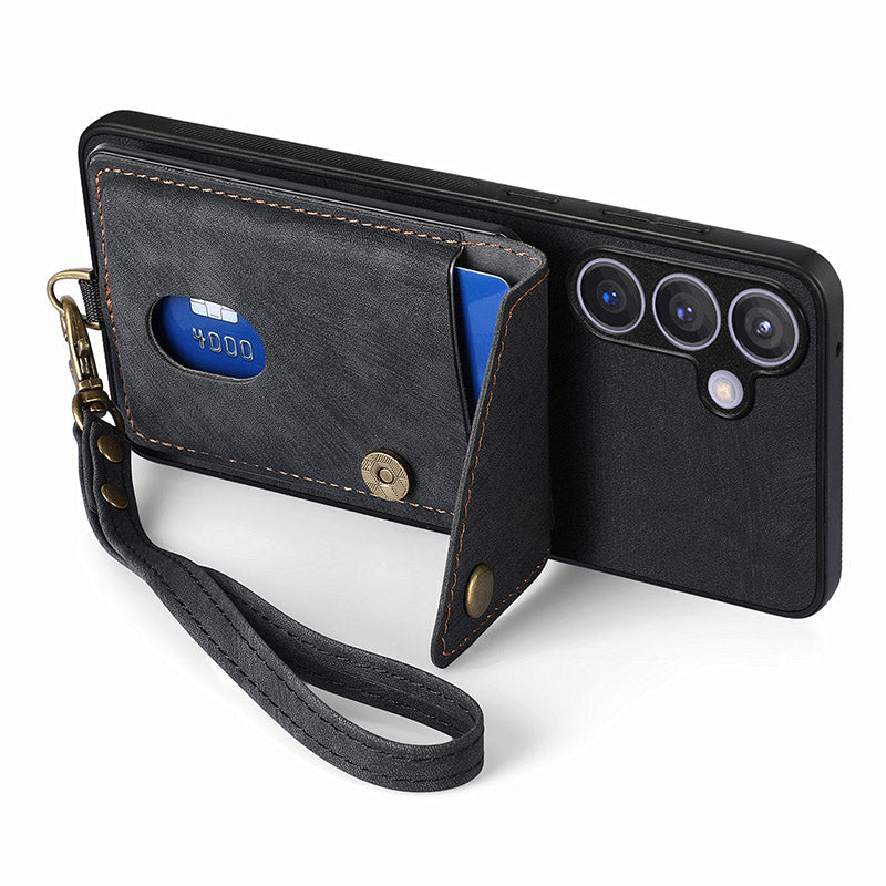 D1 For Samsung Galaxy S24+ Kickstand Case Card Holder Retro Leather Back Cover - Black