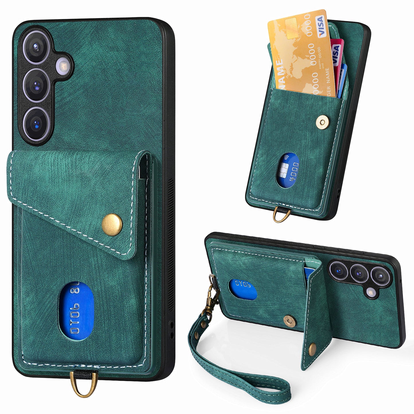 D1 For Samsung Galaxy S24+ Kickstand Case Card Holder Retro Leather Back Cover - Green