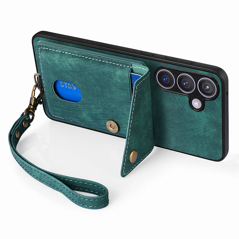 D1 For Samsung Galaxy S24+ Kickstand Case Card Holder Retro Leather Back Cover - Green