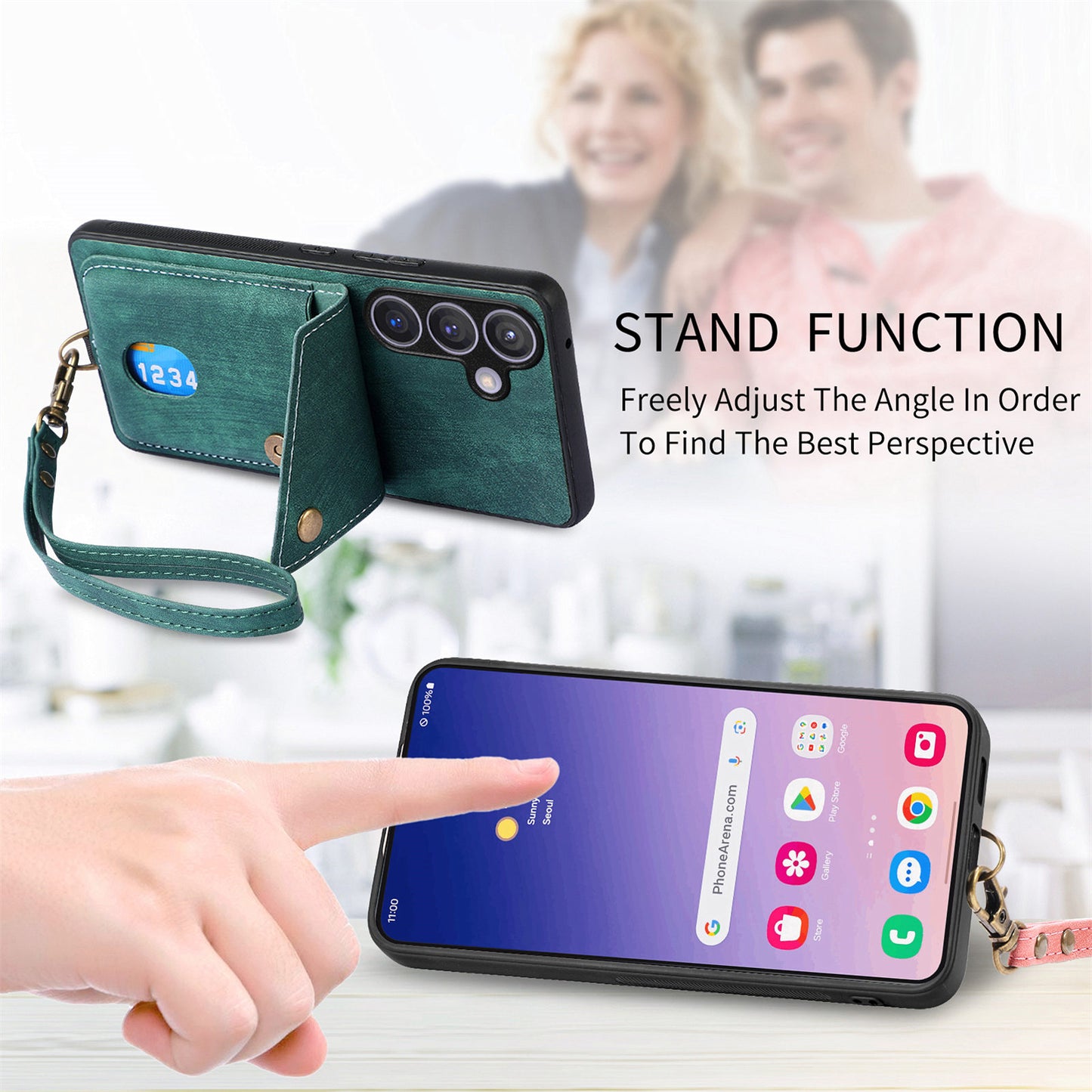 D1 For Samsung Galaxy S24+ Kickstand Case Card Holder Retro Leather Back Cover - Green