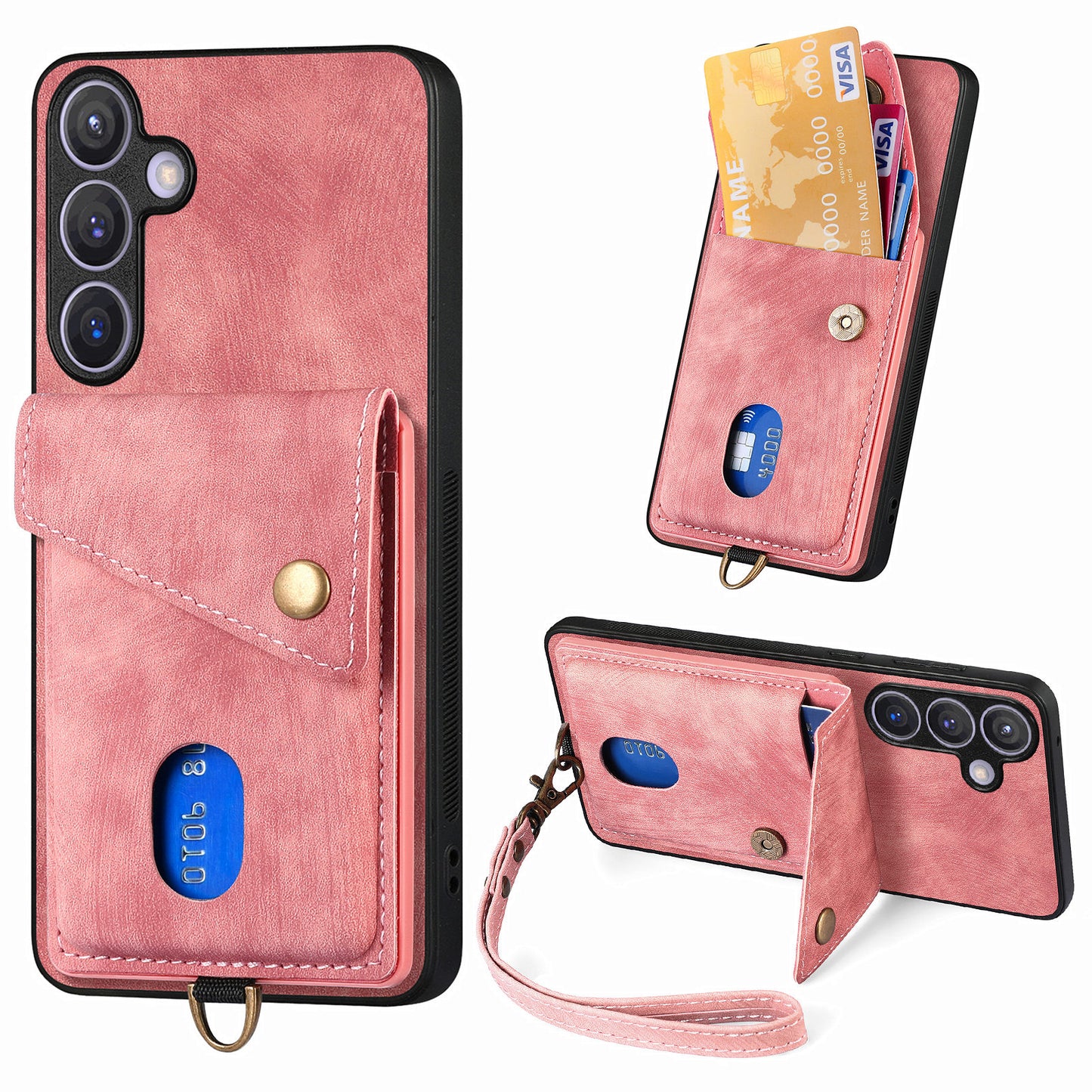 D1 For Samsung Galaxy S24+ Kickstand Case Card Holder Retro Leather Back Cover - Pink