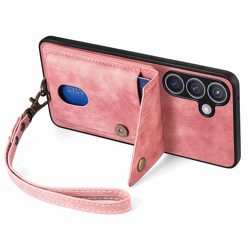 D1 For Samsung Galaxy S24+ Kickstand Case Card Holder Retro Leather Back Cover - Pink