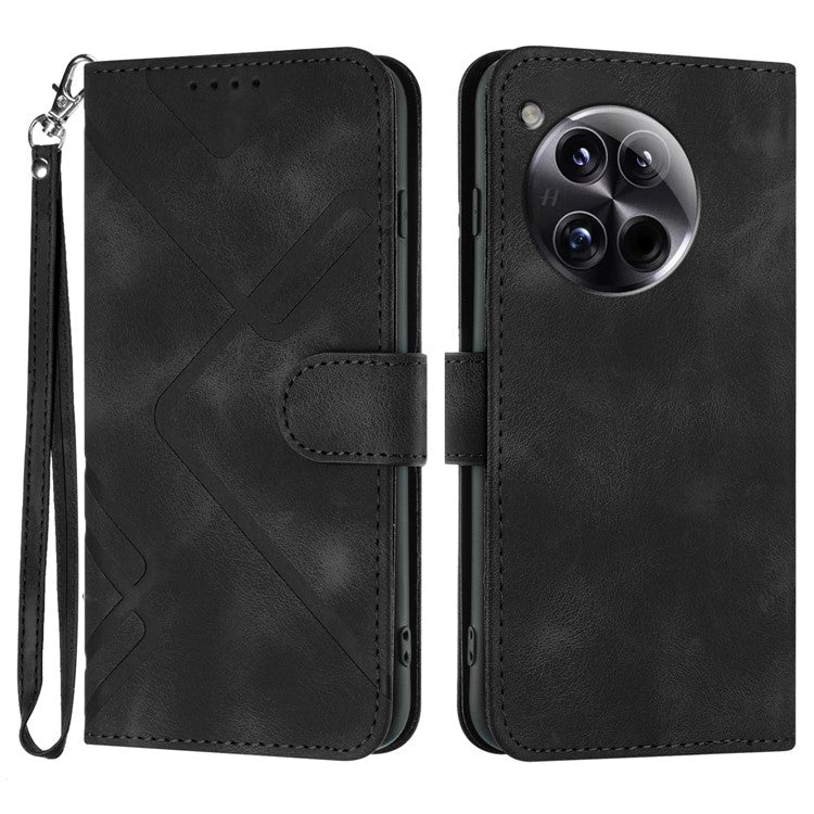 YX0040 For OnePlus 12 5G PU Leather Wallet Case Imprinted Line Geometric Protective Cover - Black