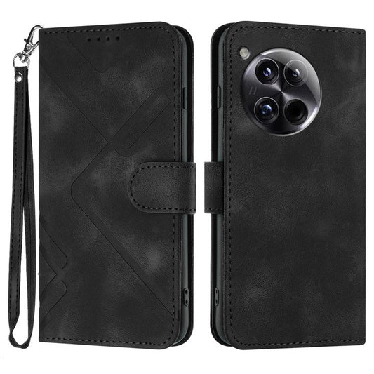 YX0040 For OnePlus 12 5G PU Leather Wallet Case Imprinted Line Geometric Protective Cover - Black