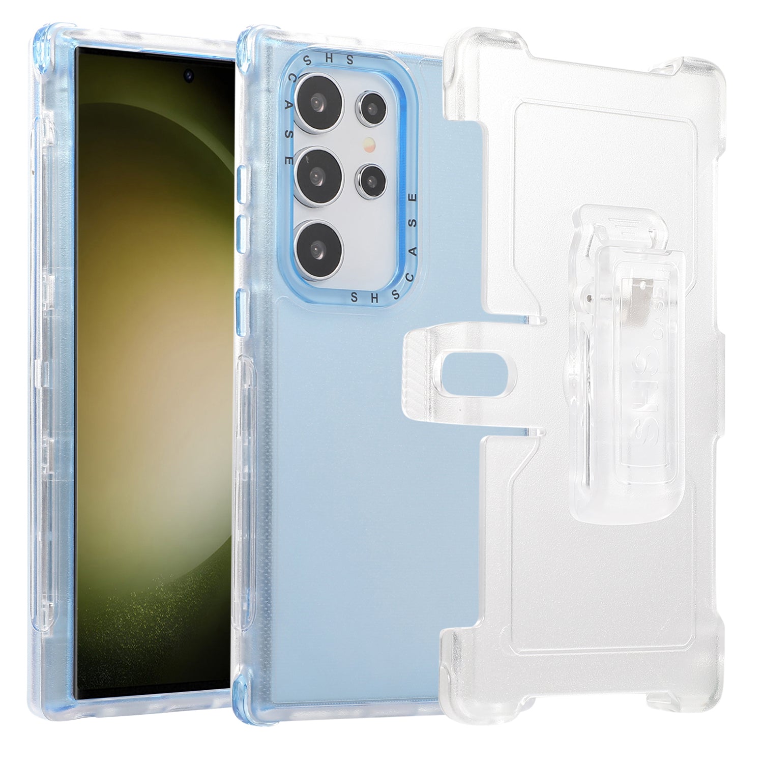 For Samsung Galaxy S24 Ultra Slide Belt Holster Case Kickstand Matte PC+TPU Mobile Phone Cover - Sky Blue