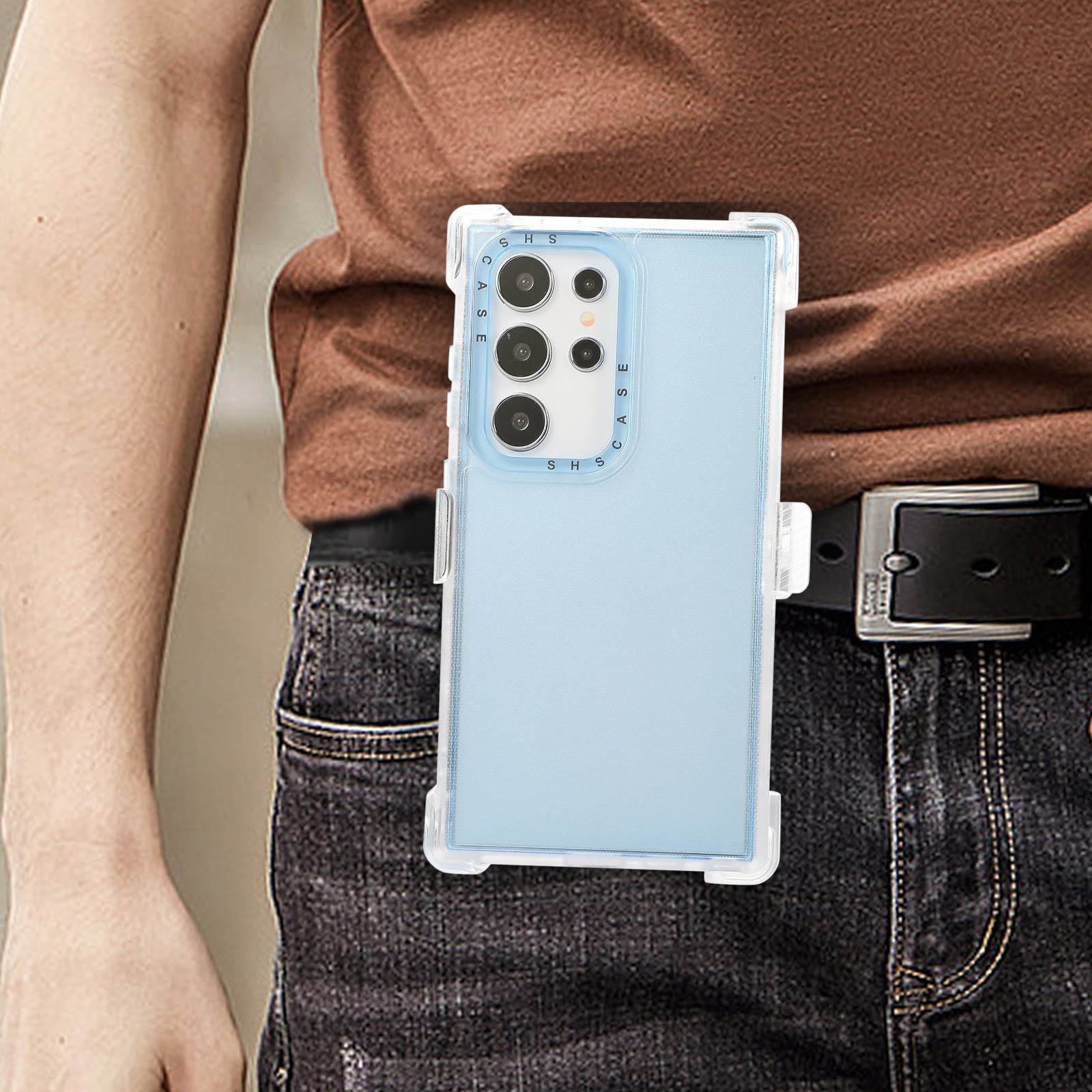 For Samsung Galaxy S24 Ultra Slide Belt Holster Case Kickstand Matte PC+TPU Mobile Phone Cover - Sky Blue