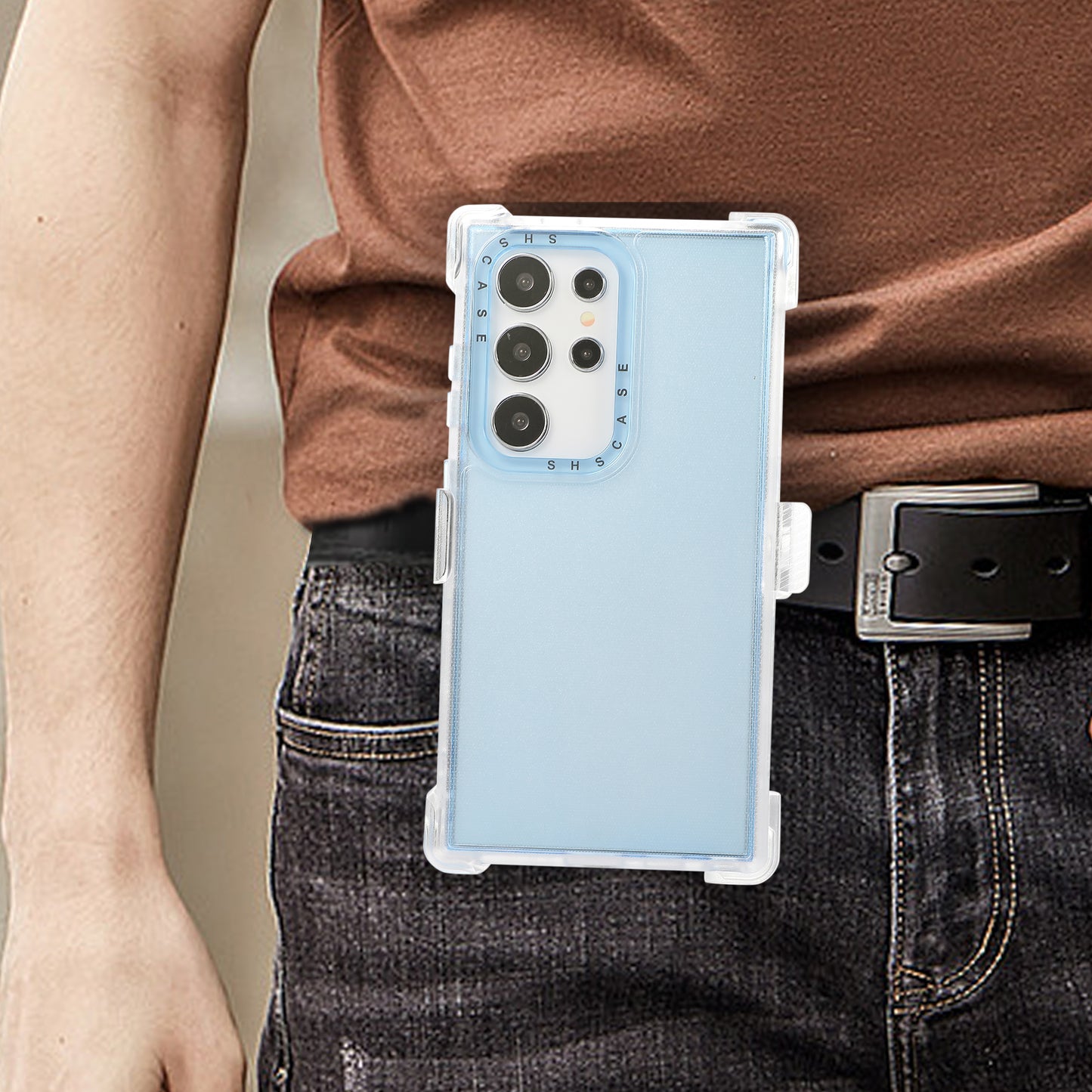 For Samsung Galaxy S24 Ultra Slide Belt Holster Case Kickstand Matte PC+TPU Mobile Phone Cover - Sky Blue