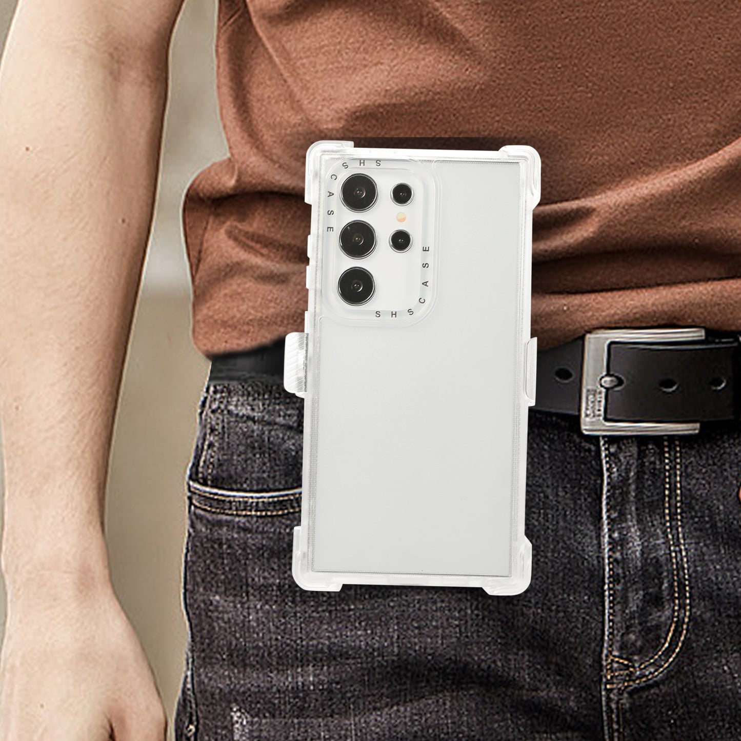 For Samsung Galaxy S24 Ultra Slide Belt Holster Case Kickstand Matte PC+TPU Mobile Phone Cover - Transparent