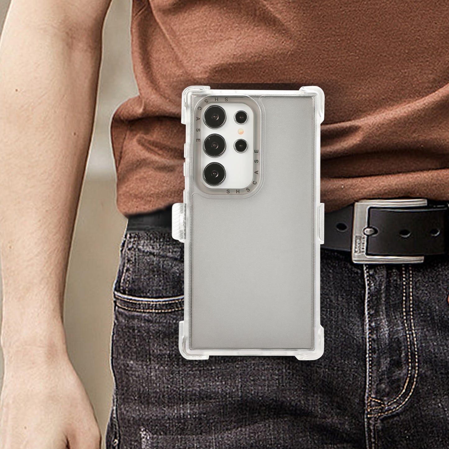 For Samsung Galaxy S24 Ultra Slide Belt Holster Case Kickstand Matte PC+TPU Mobile Phone Cover - Transparent Black